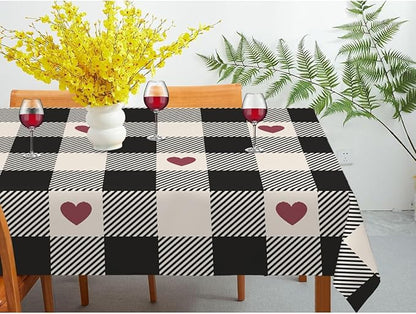Decorative Rectangle Table Cloths Checkered Valentines Black Plaid Red Heart Tablecloth Table Cover for Dining/BBQ/Picnic/Coffee Table 52 X 70 Inches