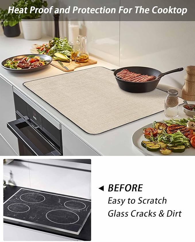 Stove Top Covers for Electric Stove 36x21 Inches, Vintage Cream HeatResistant Glass Cooktop Protector, Farmhouse Retro Solid Color Linen Texture Ceramic Stovetop Countertop Covers Mat, Oven Cover