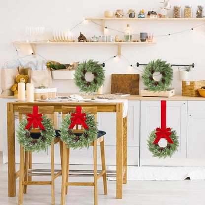 8 Pcs Small Christmas Norfolk Wreaths 15 Inch Christmas Kitchen Cabinet Mini Wreath with Bow Ribbon Cedar Berry for Xmas Front Door Window Chair Fireplace Table Pillar Farmhouse