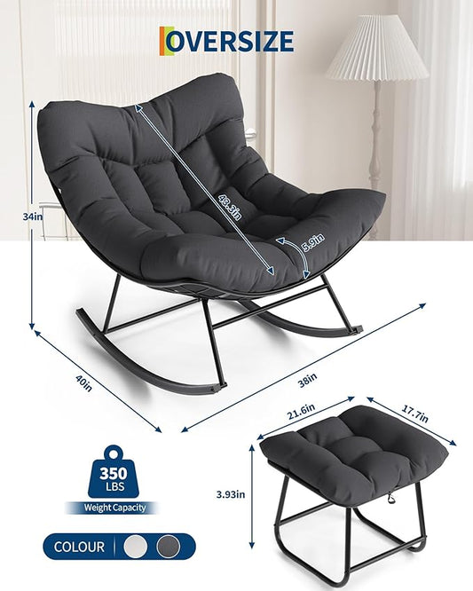 GarveeLife Oversized Papasan Rocking Chair with Footrest, Outdoor Lounge Chair with Ottoman and Sturdy Metal Frame, Patio Egg Rocker for Balcony Backyard Porch Bedroom, Grey