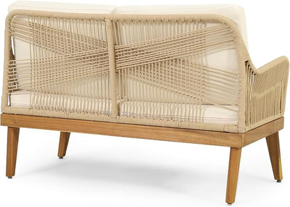 VilroCaz 4-Pieces Acacia Wood Patio Furniture Set, All-Weather Outdoor Patio Conversation Set with Coffee Table and Soft Cushions, Rope Weave Porch Chairs for Garden Backyard Porch Balcony