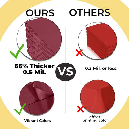 Exquisite 66% Thicker Premium Plastic Table Cloth Rectangle Table Cover 0.5 Mil 24 Pack Burgundy Table Cloth 54 Inch x 108 Inch Disposable Tablecloth Won't Tear Easily Like Cheap Thin Brands