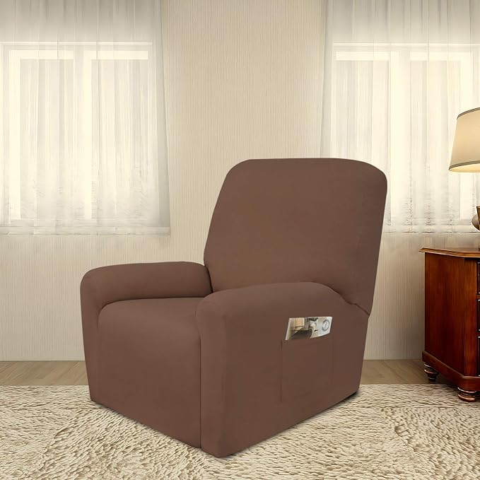 PureFit Stretc Recliner Chair Covers Fleece Soft Couch Covers for Sofa | Brown 4-Pieces Recliner Slipcover Pocket Couch Protector, Fleece Sofa Cover Washable with Non Slip Elastic Bottom