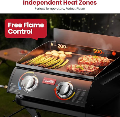 Laudlife 2 Burner Propane Gas Griddle with Removable Stand & Side Table, Converts to Tabletop, Non-Stick Enameled Cast Iron & 342 SQ.IN, Easy Cleanup, Folds Compact for Camping, Tailgating, Backyard