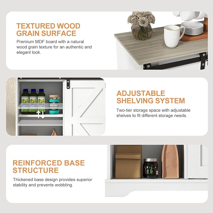 Panana Sliding Barn Door Buffet Sideboard Storage Cabinet Coffee Bar Kitchen Farmhouse Style (White Cabinet Nature Top)
