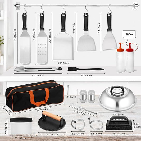 25Pcs Griddle Accessories Kit, Leonyo Flat Top Grill Accessories for Outdoor, Professional BBQ Griddle Tools Smash Burger Press Kit with Enlarged Spatulas Scraper, Basting Cover - PP Handle