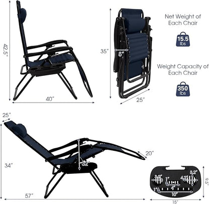 Goplus Zero Gravity Lounge Chairs, 160°Adjustable Folding Recliner w/Pillow and Cup Holder, 350LBS Comfy Outdoor Lounge Chairs for Patio, Lawn, Yard & Camp(Set of 2, Navy)