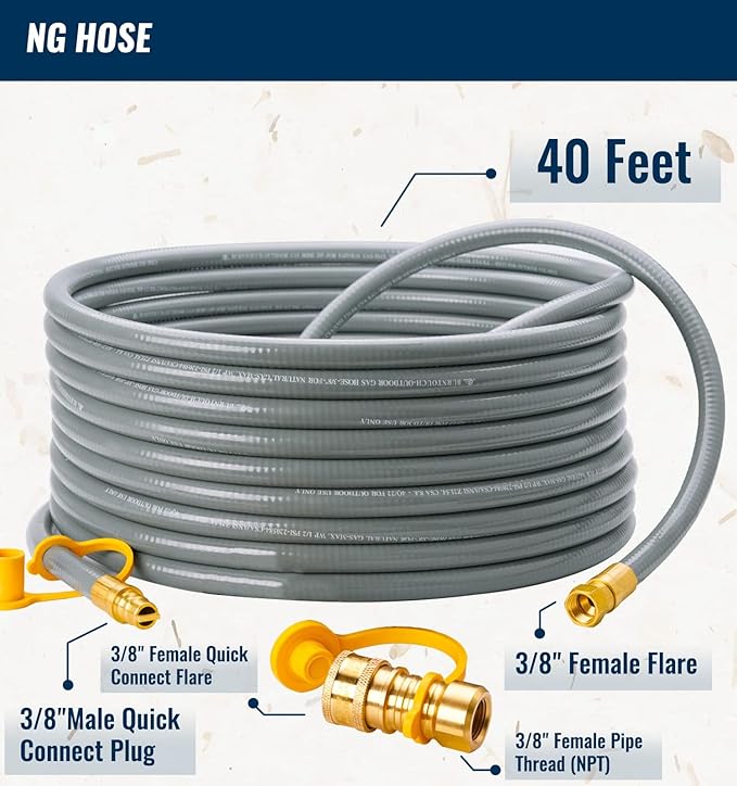 CALPOSE 40 Feet 3/8 inch ID Natural Gas Grill Hose with Quick Connect Fittings, Natural Gas Line for Grill, Pizza Oven, Heater and More Low Pressure Appliance