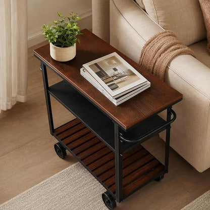 Rolling Bar Cart with Handle [3 Tier] Home Kitchen Microwave Cart Island On Wheels, Mobile Serving Cart Beverage Cart, Coffee Station (Metal/Wood, Industrial Black/Rustic Brown)