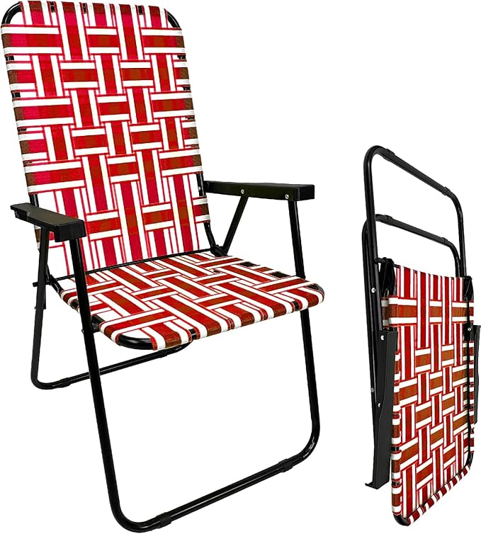 Lawn Chair Folding Steel Webbing Chaise Patio Lounger Seat Wood Handles Great for Camping, Beach, Fishing, Backyard, Stadium, Pool, Boating, Sports and Lawn 4 Pack Red