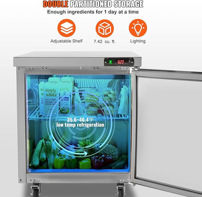 VEVOR 28" W Commercial Refrigerator, Undercounter Worktop Refrigerator, 7.4 Cu. Ft Thick Stainless Steel Refrigerated Food Prep Station Fan Cooling Single Door Worktop Fridge with lock for Bar