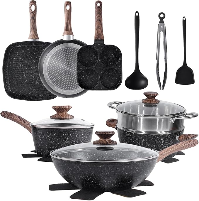 NEWBULIG 17-Piece Nonstick Cookware Set, Dishwasher Safe Non-Toxic Pots and Pans with Stay-Cool Handles, Induction Compatible Cookware, PFAS & PFOA-Free, Black