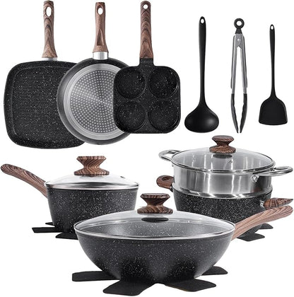 NEWBULIG 17-Piece Nonstick Cookware Set, Dishwasher Safe Non-Toxic Pots and Pans with Stay-Cool Handles, Induction Compatible Cookware, PFAS & PFOA-Free, Black