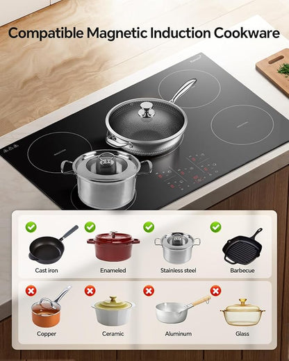 Ranein 30 Inch 5 Burner Induction Cooktop, Max 9200W 240V Durable Panel Built-in Electric Stove Top,with Child Safety Lock, Timer, Over-Temperature Protection