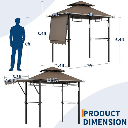 8x5 ft Grill Gazebo, Double Tired Outdoor Patio Canopy Tent with Side Awning Shelves,4 LED Lights,10 Hooks & Bottle Opener,Heavy Duty Steel Frame Grilling Canopy for Patio Backyard Garden Picnic,Brown