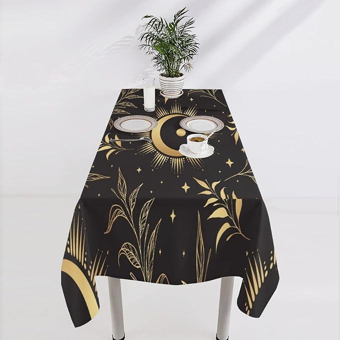 Sun Moon Tablecloth Vintage Boho Astrology Gold Celestial Star Galaxy Space Table Cloth Water Resistant Wipeable Table Cover for Picnic Party Holiday Kitchen Dinner Table 60"x90"
