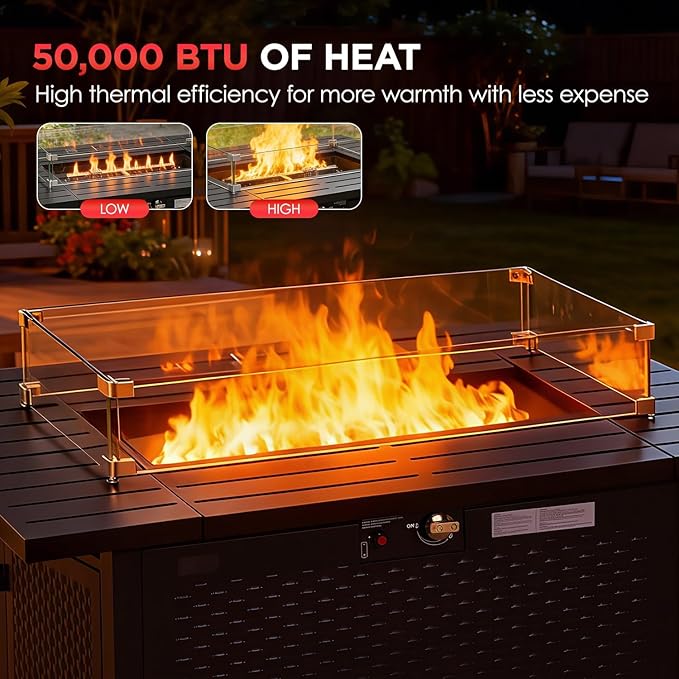 FDW 43 Inch Outdoor Propane Fire Pit Table with Glass Wind Guard, Rectangular Patio Fire Table, 50,000 BTU Smokeless Gas Firepit for Backyard, Garden & Poolside