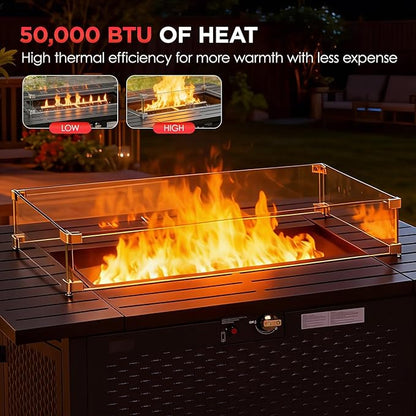 FDW 43 Inch Outdoor Propane Fire Pit Table with Glass Wind Guard, Rectangular Patio Fire Table, 50,000 BTU Smokeless Gas Firepit for Backyard, Garden & Poolside