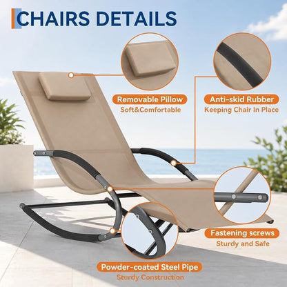 Garvee Outdoor Lounge Chair Rocking Chair Lawn Chair w/Non-Slip Base, Brown | Quick-drying, breathable mesh fabric; water-resistant and easy to clean