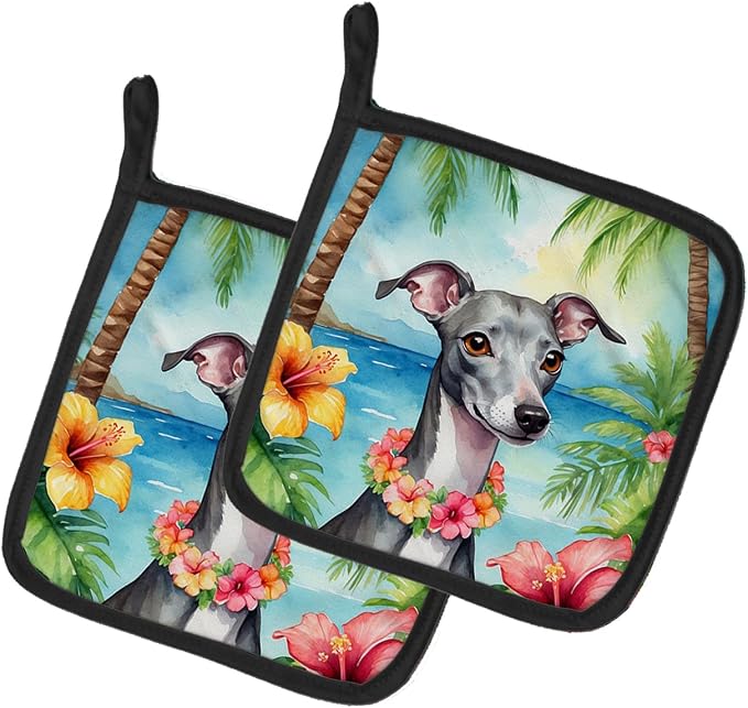 Caroline's Treasures Italian Greyhound Luau Pair of Pot Holders Kitchen Heat Resistant Pot Holders Sets Oven Hot Pads for Cooking Baking BBQ, 7 1/2 x 7 1/2