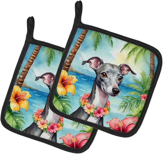Caroline's Treasures Italian Greyhound Luau Pair of Pot Holders Kitchen Heat Resistant Pot Holders Sets Oven Hot Pads for Cooking Baking BBQ, 7 1/2 x 7 1/2