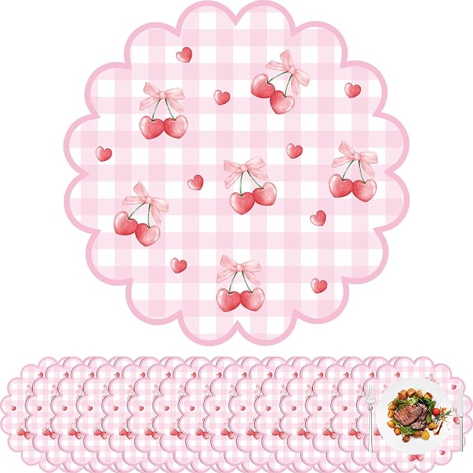 100 Pcs Cherry Paper Placemats Pink Bow Gingham Placemat 13.5 Inch Round | Disposable Decorative Dining Cherry on Top Table Mats with Scalloped Edges for Spring Summer Birthday Wedding Party Supplies