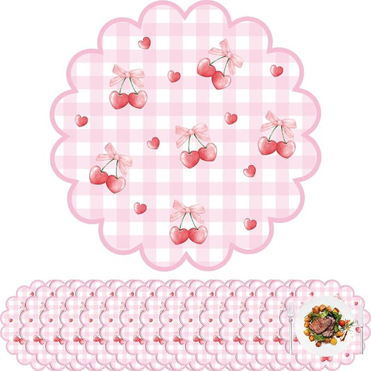 100 Pcs Cherry Paper Placemats Pink Bow Gingham Placemat 13.5 Inch Round | Disposable Decorative Dining Cherry on Top Table Mats with Scalloped Edges for Spring Summer Birthday Wedding Party Supplies