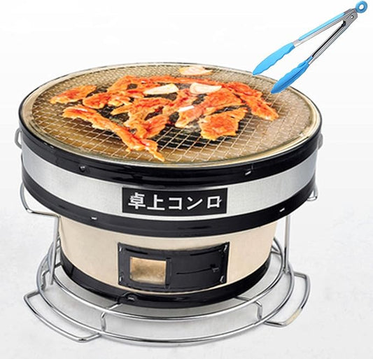 AIZYR Japanese Ceramic Clay Charcoal Grill, Round Barbecue Charcoal Grill Tabletop Charcoal Stove Cooker with Food Tongs, Be Applicable Outdoor Indoor Camping Get Together