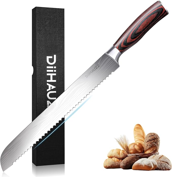 DiiHAUZZ Bread Knife for Homemade Bread, 10 Inch Serrated High Carbon Stainless Steel - Ultra Sharp Artisan Loaf Cutter for Slicing Sourdough, Crusts, Baguettes, Bagels and Cakes, Fathers Day Gift