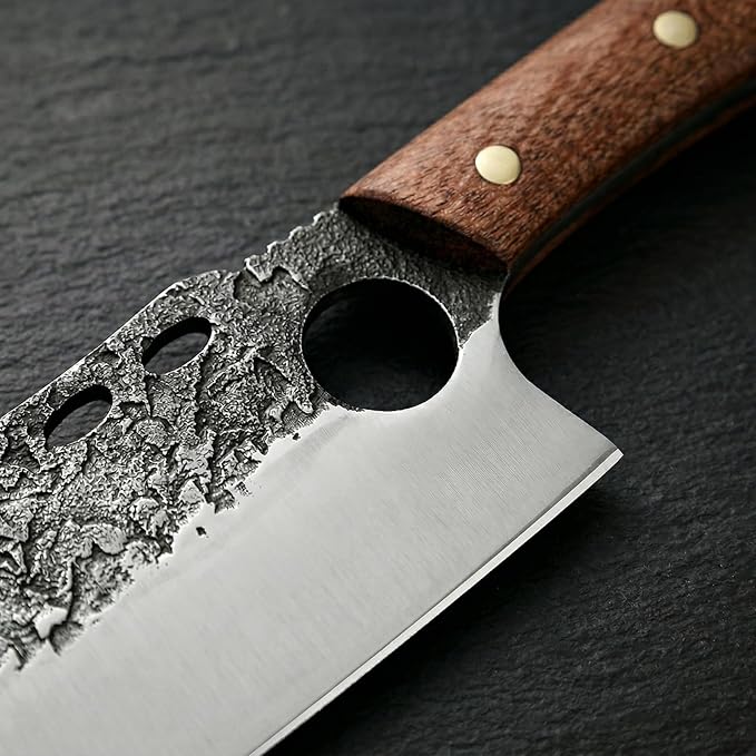 KOFERY Hand Forged Serbian Cleaver Knife with Full Tang 4Cr13 High Carbon Steel, Viking Butcher Knife for Meat Chopping, Outdoor Camp Cooking & BBQ with Leather Sheath & Sharpener