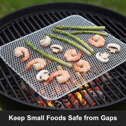 HANABASS 10 Pcs Disposable Grill Topper Mesh Mat BBQ Grill Pans for Outdoor Grilling Aluminum Grates Liner for Camping Non-Stick Cooking Grid Sheets for Picnic 12x15.27 Inch