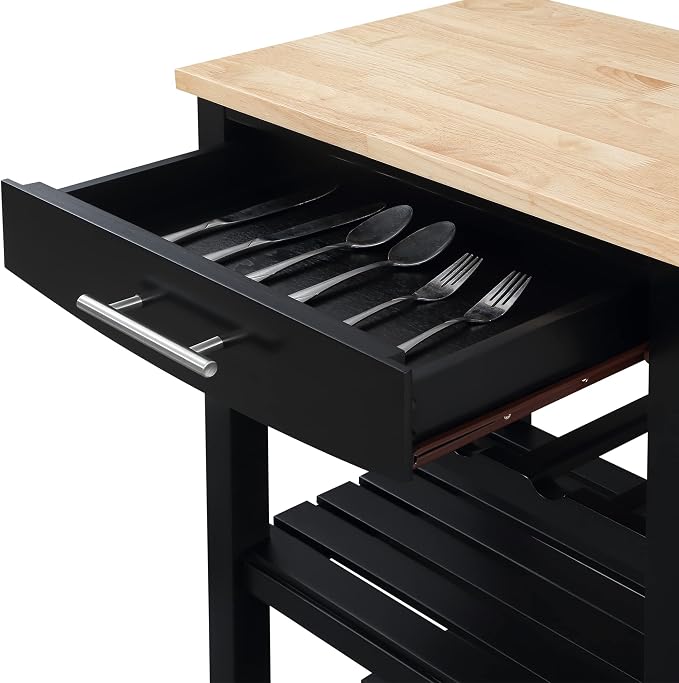 Convenience Concepts Ellaine Butcher Block Kitchen Cart 24.75" - 4 Tier Kitchen Island with Storage Drawer, Dining Room Wine Rack on Wheels, Coffee Station Table, Mobile Utility Trolley, Black