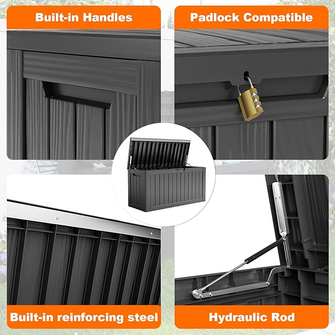 PatioZen 85 Gallon Deck Box Outdoor, Weatherproof Resin Patio Storage Box, Waterproof Outdoor Storage Boxes with Lid Lockable for Cushions, Garden Tools,Black