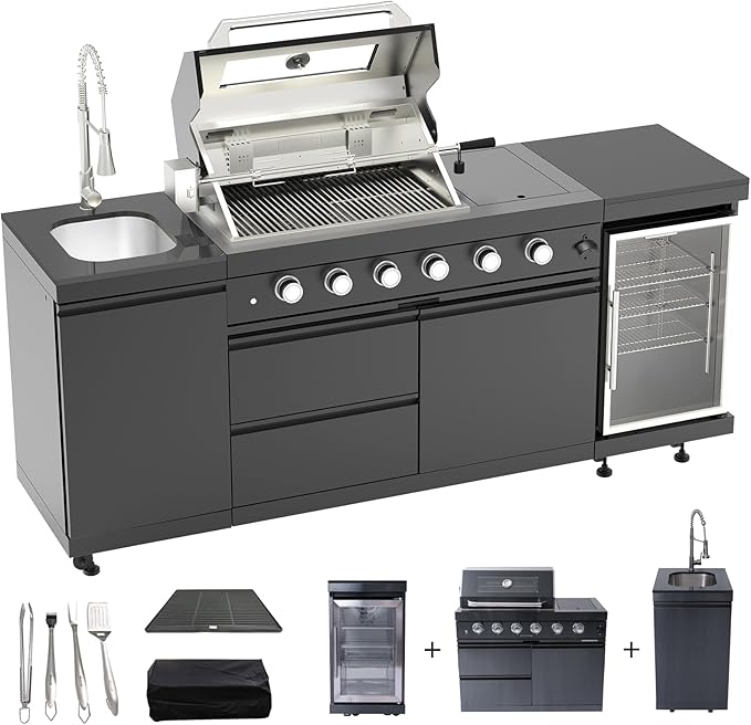 Outdoor Kitchen Island, 84.6 Inch 72000 BTU Propane Gas Grill Combination With Refrigerator and Sink, Outdoor Stainless Steel Barbecue Bar, Propane Grill, for Patios, Gardens, Parties