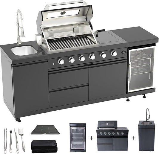 Outdoor Kitchen Island, 84.6 Inch 72000 BTU Propane Gas Grill Combination With Refrigerator and Sink, Outdoor Stainless Steel Barbecue Bar, Propane Grill, for Patios, Gardens, Parties