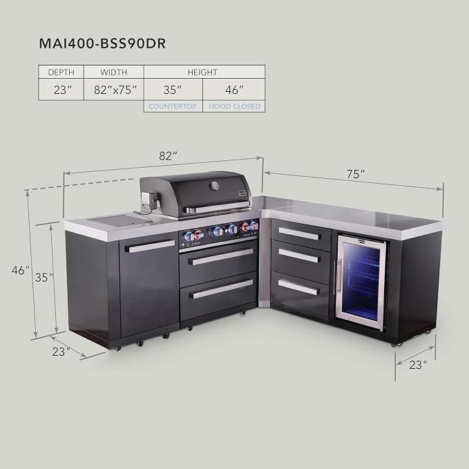 Mont Alpi Premium 82"W x 75"D x 46"H L-shaped Black Stainless Steel Outdoor Kitchen Island with Refrigerator + 32"W 4-Burner BBQ Grill + Granite Countertops + Storage Drawers + Rotisserie Kit + Cover
