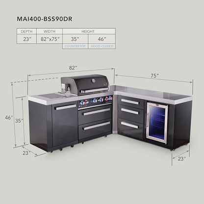 Mont Alpi Premium 82"W x 75"D x 46"H L-shaped Black Stainless Steel Outdoor Kitchen Island with Refrigerator + 32"W 4-Burner BBQ Grill + Granite Countertops + Storage Drawers + Rotisserie Kit + Cover