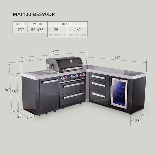 Mont Alpi Premium 82"W x 75"D x 46"H L-shaped Black Stainless Steel Outdoor Kitchen Island with Refrigerator + 32"W 4-Burner BBQ Grill + Granite Countertops + Storage Drawers + Rotisserie Kit + Cover