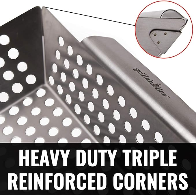 Grillaholics Grill Basket for Outdoor Grill - Durable Premium Stainless Steel Vegetable Grill Basket - XL Family Size BBQ Grill Basket - Perfect Grilling Accessories for Veggies, Fish, Shrimp & Kebabs