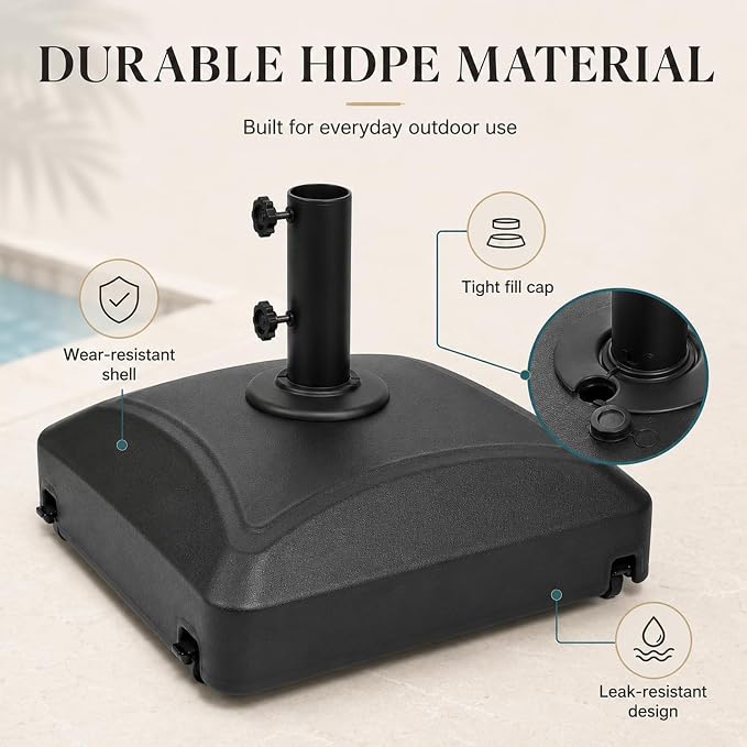 125 Lbs Fillable Mobile Umbrella Base, Heavy Duty Square Stand Built with 4 Rolling Wheels, Stable Outdoor Holder for Patio Deck Lawn and Poolside Market Parasols, Black