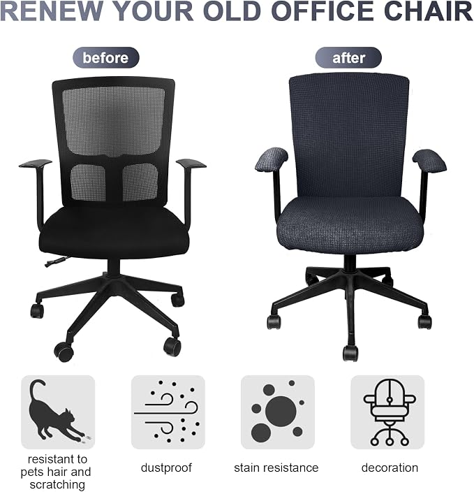 Tallew 4 Pcs Office Chair Covers Stretchable Armrest Seat,XL,Dark Gray | Universal Fit Office Desk Chairs, Protective Seat Backrest Slipcovers, Stretchable Prevent Wear, Easy Install for Rotating