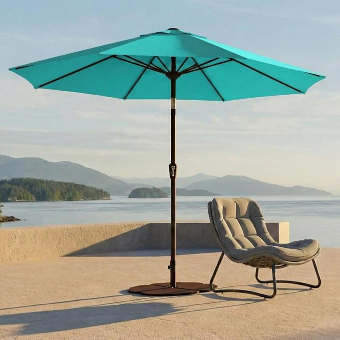 Kingdura 9FT Outdoor Patio Umbrella, Round Market Table Umbrella with Push‑Button Tilt and Crank Lift, 8 Sturdy Metal Ribs, UV50+ Protection Canopy for Backyard, Lawn, Deck, Poolside, Garden (Tiffany blue)