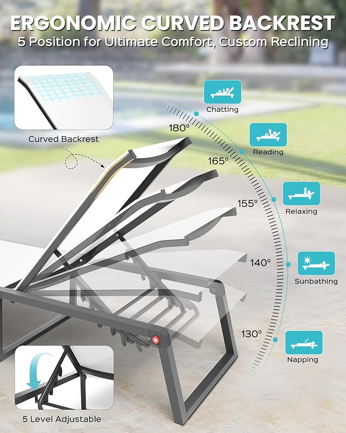 Aluminum Chaise Lounge Chair Outdoor, Foldable& No Assembly Patio Pool Lounge Chairs 5-Position Recliner for Outside, Fully Grounded Legs Sun Lounger for Poolside, 4 Packs, Bright White
