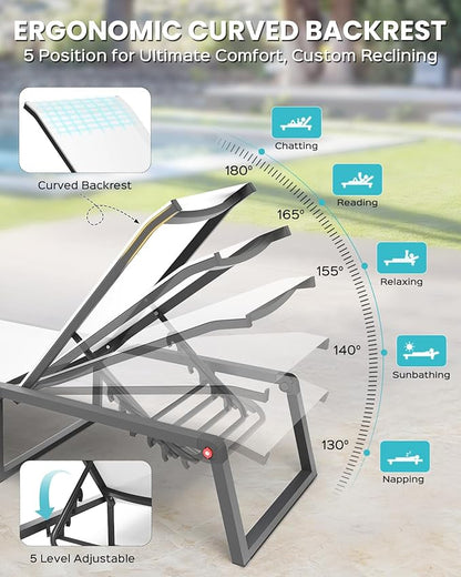 Aluminum Chaise Lounge Chair Outdoor, Foldable& No Assembly Patio Pool Lounge Chairs 5-Position Recliner for Outside, Fully Grounded Legs Sun Lounger for Poolside, 4 Packs, Bright White