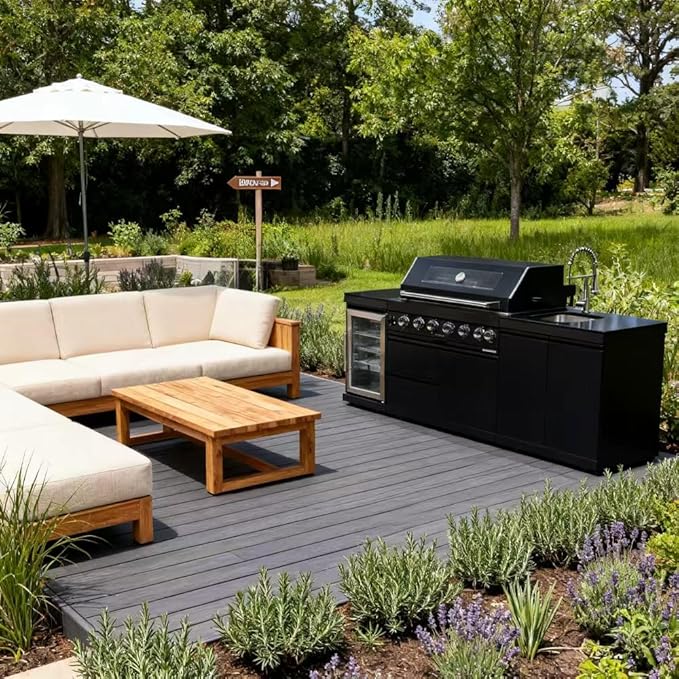 96" Natural Gas Outdoor Kitchen Island - 43-Inch 6-Burner 85,000 BTU Deluxe Stainless Steel Grill Wine Cooler Compact Refrigerator Rotisserie kit Granite Countertops Stainless steel Sink,Black