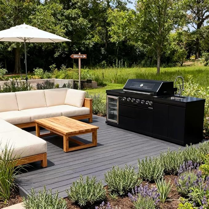 Modular Outdoor Kitchen BBQ Island, Outdoor Kitchen Propane Gas Island Grill with Sink, Compact Refrigerator, Storage Cabinets, Rotisserie Kit (Black, 96")