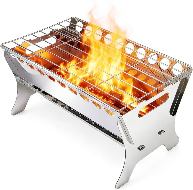 Stainless Steel Portable Charcoal Grill Heater Heating Stove with Ash Tray - Compact BBQ Grill for In and Outdoor Camping, Backyard, Picnic, Easy to Assemble & Clean