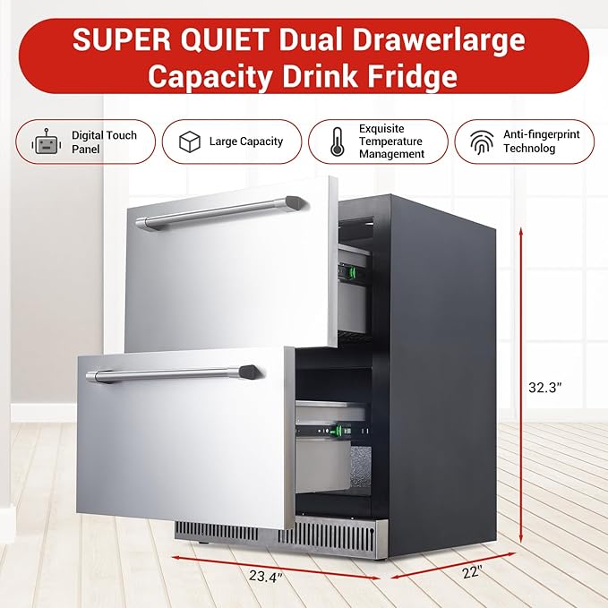 24 Inch Refrigerators, 5.12 Cu.Ft Under Counter Refrigerator with Removable Inside Basket, Built-In and Freestanding Refrigerator, Waterproof,Dual Drawer,Fingerprint Resistant, Stainless Steel, Black
