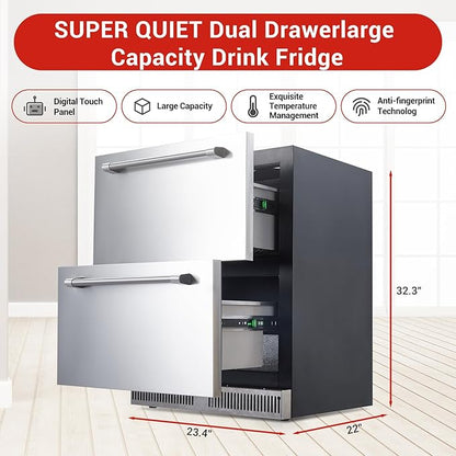 24 Inch Refrigerators, 5.12 Cu.Ft Under Counter Refrigerator with Removable Inside Basket, Built-In and Freestanding Refrigerator, Waterproof,Dual Drawer,Fingerprint Resistant, Stainless Steel, Black