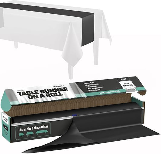 Black Table Runner – 14" X 110' Premium Plastic Longtable Runners with Cutter Box - Cut to Size - Decorative Rectangle Table Runners - Smooth Table Cloth - Disposable Table Cloths, Parties, Weddings.